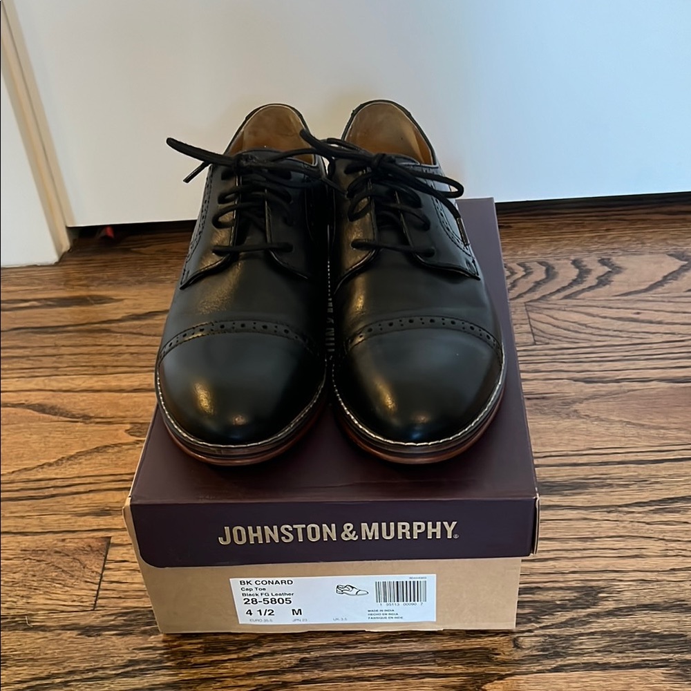 Boys Black Johnston & Murphy Dress shoes, worn once, size 4.5 big kid